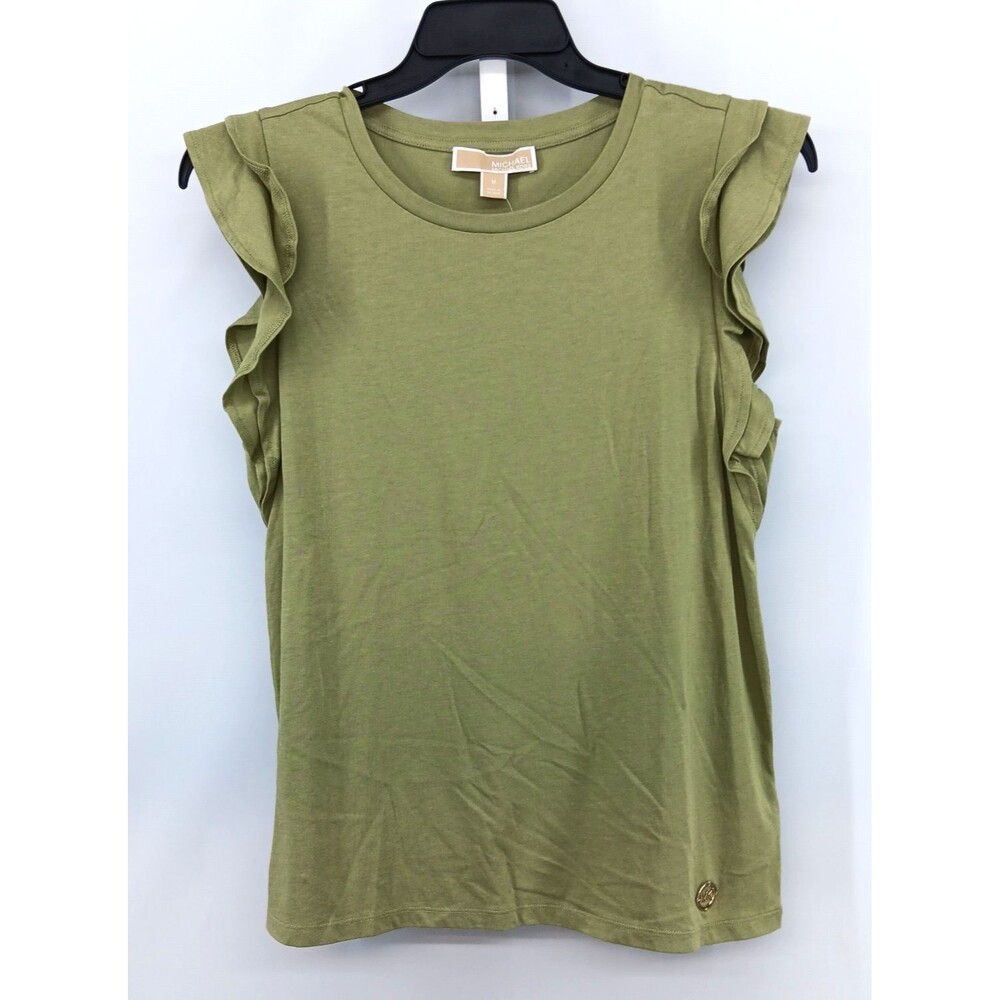 Michael Kors Shirt Women Medium Sage Green Ruffled Cap Sleeve Casual Top NWT